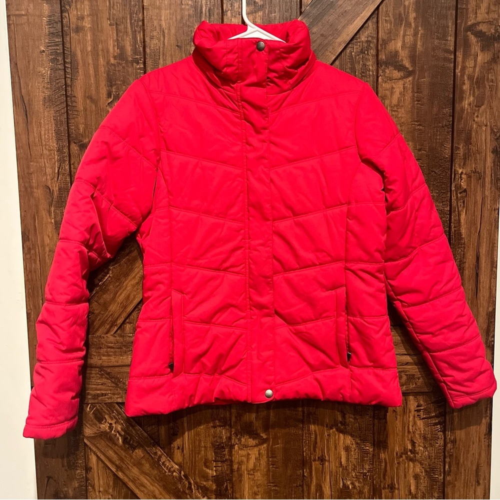 Columbia women’s hot pink puffer jacket with zippers and‎ buttons size med EUC